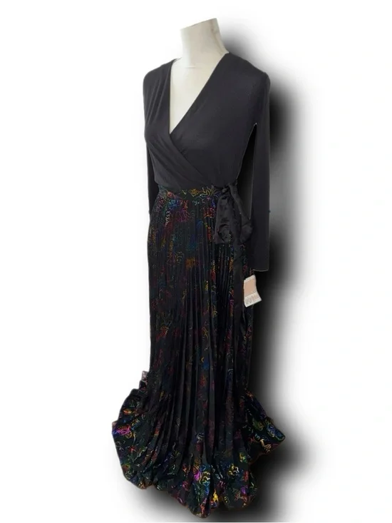 Formal Wrap Dress With Black Top & Pleated Rainbow Foil Maxi Skirt - Picture 4 of 7